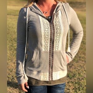Hem & Thread Heather Gray Lace-Trim Zip Hoodie NWT